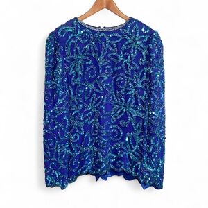 1970s Vintage Niteline by Della Roufogali Blue Rhinestone Gem Silk Top